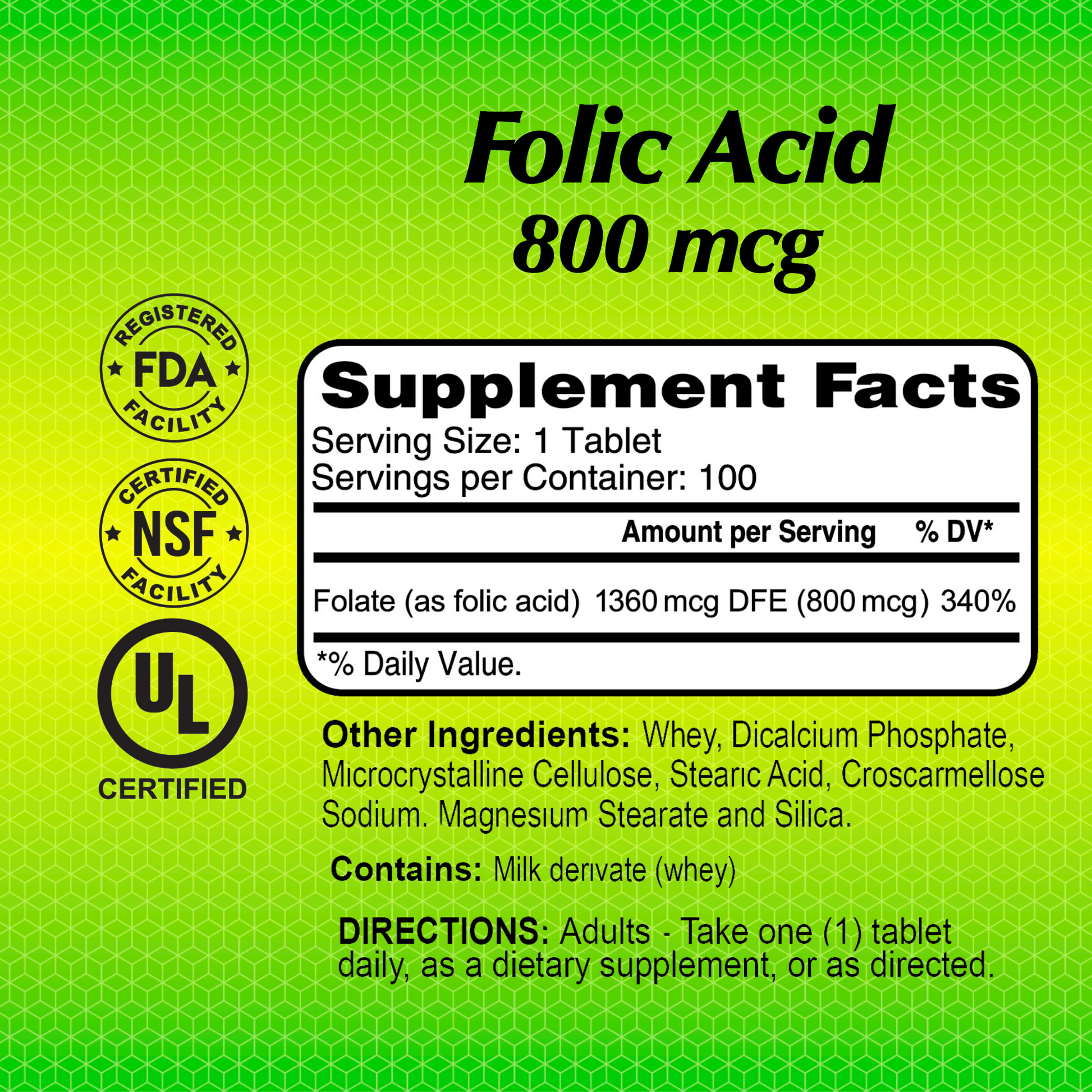 Image of Alfa Vitamins Folic Acid 800 mcg, showing red blood cell support; supplement facts list 1 tablet as serving size. Includes FDA, NSF, and UL certifications on a green and yellow background.