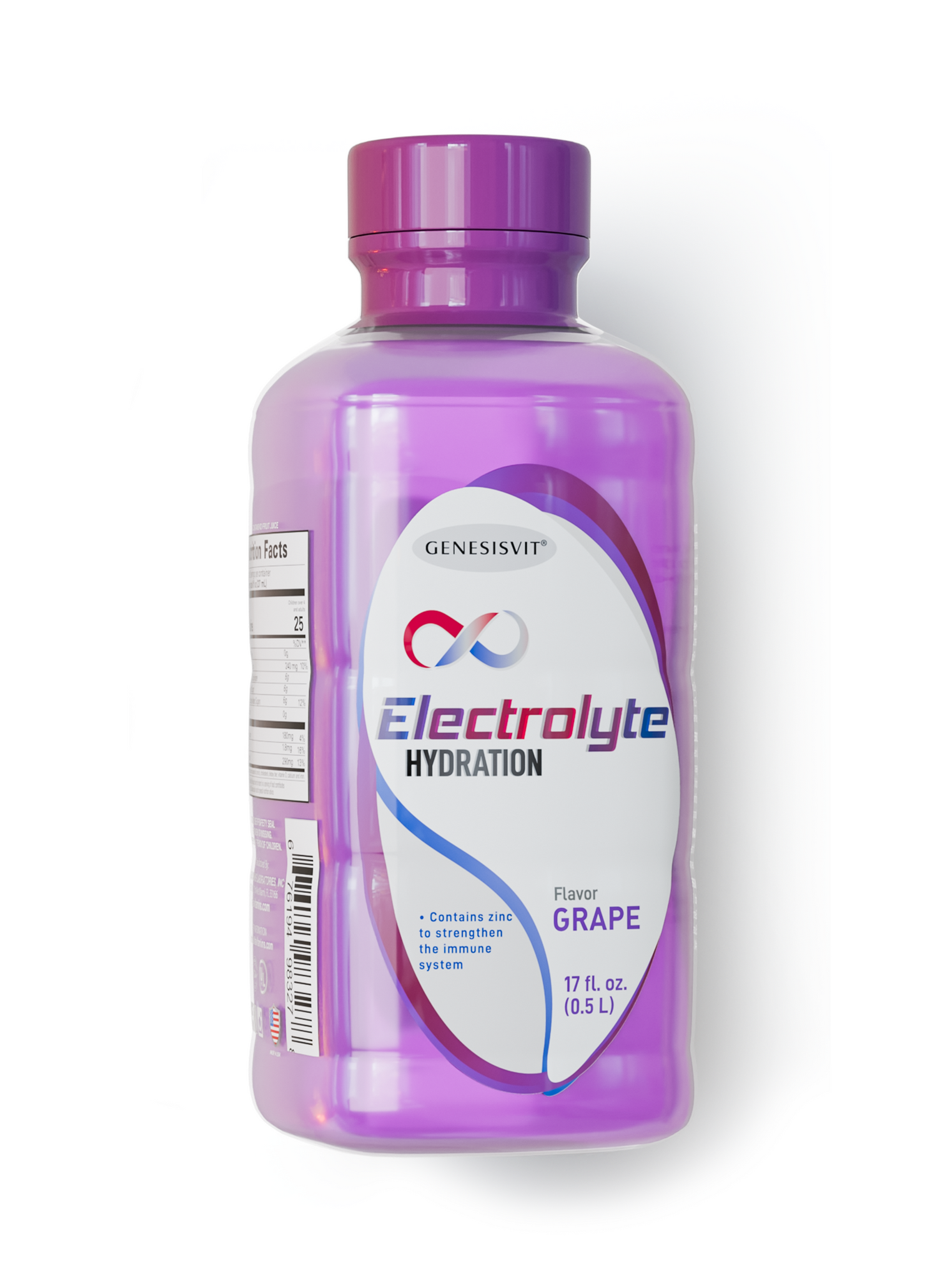 A 16.9 fl oz bottle of Genesisvit® Electrolyte Solution in grape flavor from Alfa Vitamins Store, featuring hydration and immune support benefits on its label.