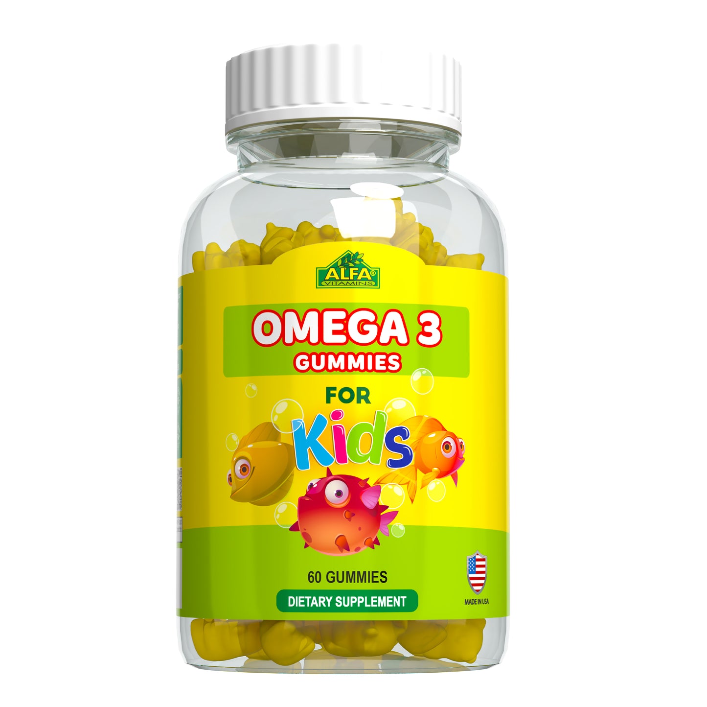 A bottle of Omega 3 Gummies for Kids by Alfa Vitamins Store contains 60 gummies, enriched with DHA. The bright yellow label features colorful fish and a Made in USA emblem.