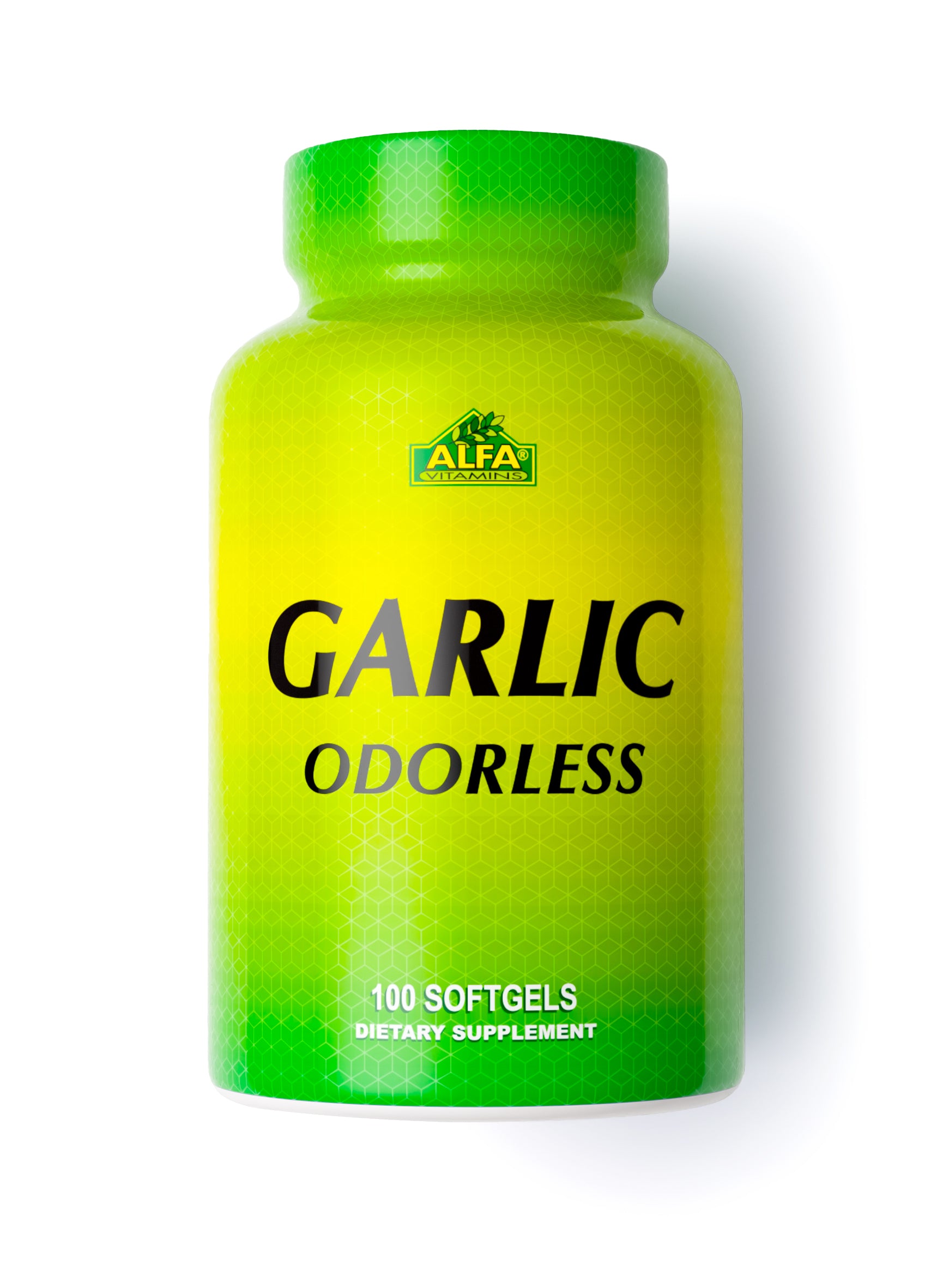 Alfa Vitamins Garlic Odorless 2000 mg offers 100 softgels in a green and yellow bottle, known for heart health benefits with a hexagonal backdrop emphasizing its antioxidant properties.