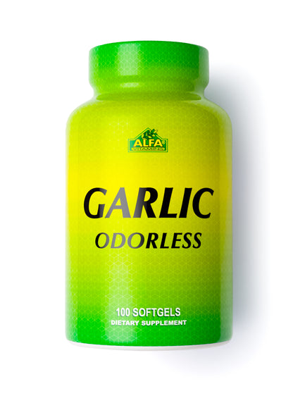 Alfa Vitamins Garlic Odorless 2000 mg offers 100 softgels in a green and yellow bottle, known for heart health benefits with a hexagonal backdrop emphasizing its antioxidant properties.