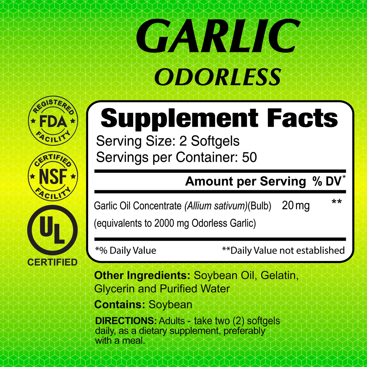 Image of Alfa Vitamins Garlic Odorless 2000 mg supplement label featuring FDA, NSF, and UL logos. Supplement facts list serving size with garlic oil concentrate and soybean oil. Known for heart health support through antioxidants; recommended dosage is two softgels daily. Contains 100 softgels.