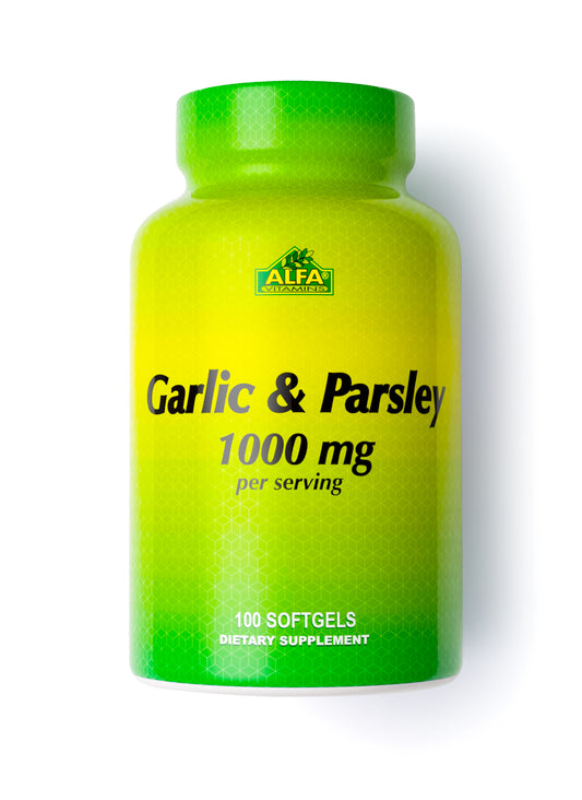 The green and yellow bottle, labeled Garlic & Parsley 100mg by Alfa Vitamins, is a dietary supplement containing 100 softgels known for antioxidant properties and immune system support.