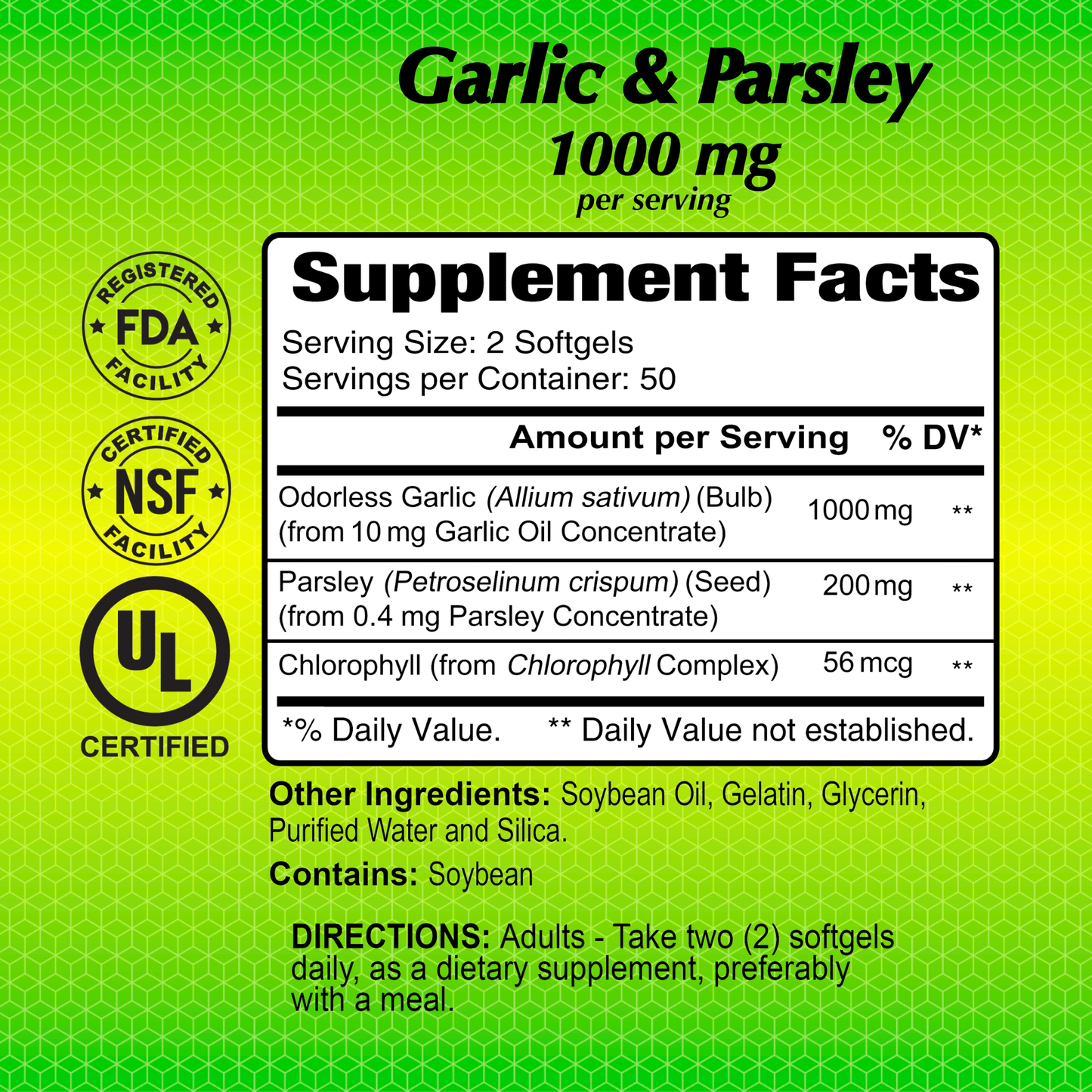 The Garlic & Parsley 100mg by Alfa Vitamins, available in 100 softgels, includes a supplement facts label with serving size, amount per serving, and daily values. It is rich in antioxidants and certified by FDA, NSF, UL. Contains soybean; usage instructions are provided.