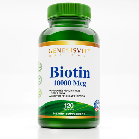 The green bottle of Genesisvit - Biotin 10000 mcg from the Alfa Vitamins Store contains 120 tablets, highlighting benefits like promoting hair growth, radiant skin, and supporting cellular function. It features a USA product stamp.