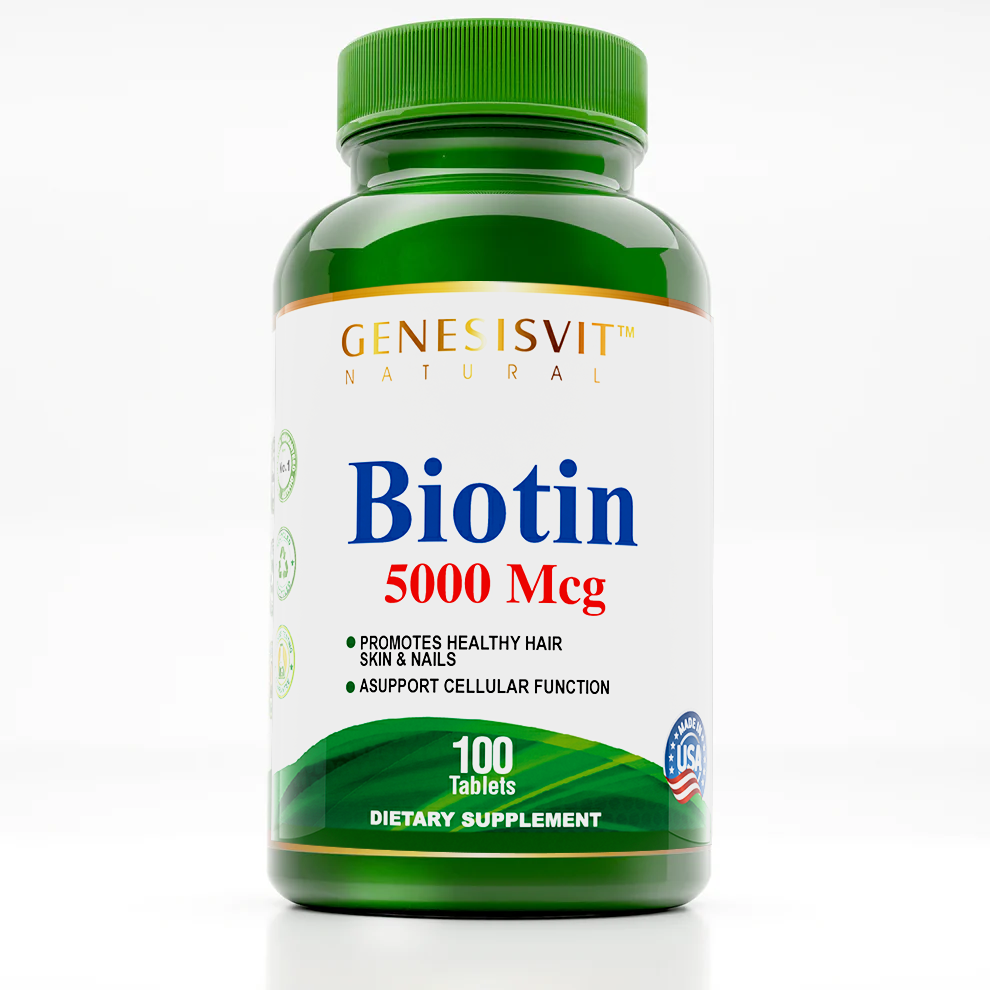 The Alfa Vitamins Store’s Genesisvit - Biotin 5000mcg green bottle highlights benefits like Promotes Healthy Hair, Skin & Nails and Supports Cellular Function. With Vitamin C for better immune health, this USA-made product offers 100 tablets.