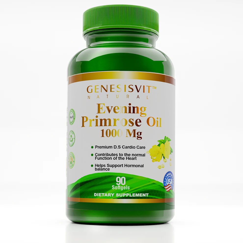 A green bottle labeled Genesisvit - Evening Primrose Oil 1000mg from Alfa Vitamins Store contains 90 softgels that support cardiovascular health, heart function, hormonal balance, and joint care. A small USA flag is visible on the lower right.