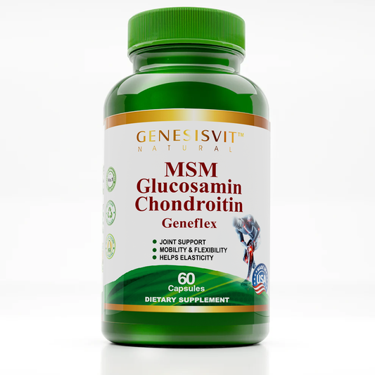 The Genesisvit - MSM Glucosamin Chondroitin Geneflex by Alfa Vitamins Store is a green bottle with 60 capsules for joint support, mobility, flexibility, and elasticity. Made in the USA, it also includes Vitamin C to enhance immune health.