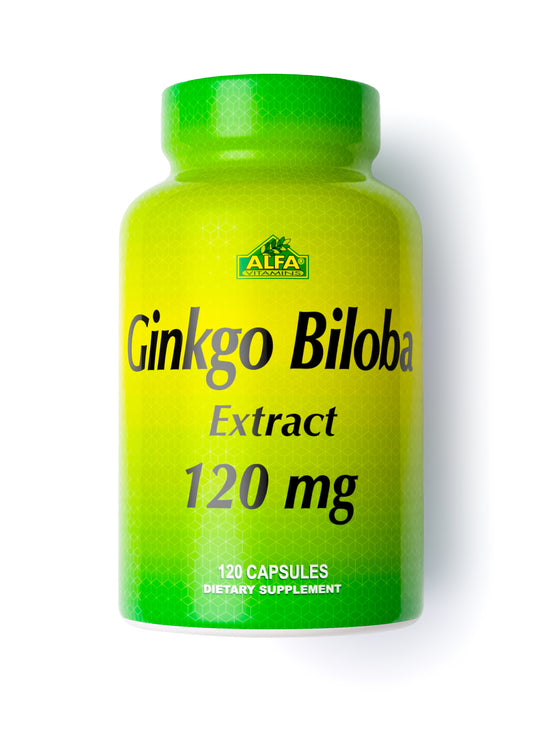 The green and yellow Alfa Vitamins bottle contains 120 capsules of Ginkgo Biloba, each with 120 mg strength. Known for supporting cognitive health and offering antioxidant benefits, its an ideal addition to your wellness regimen.