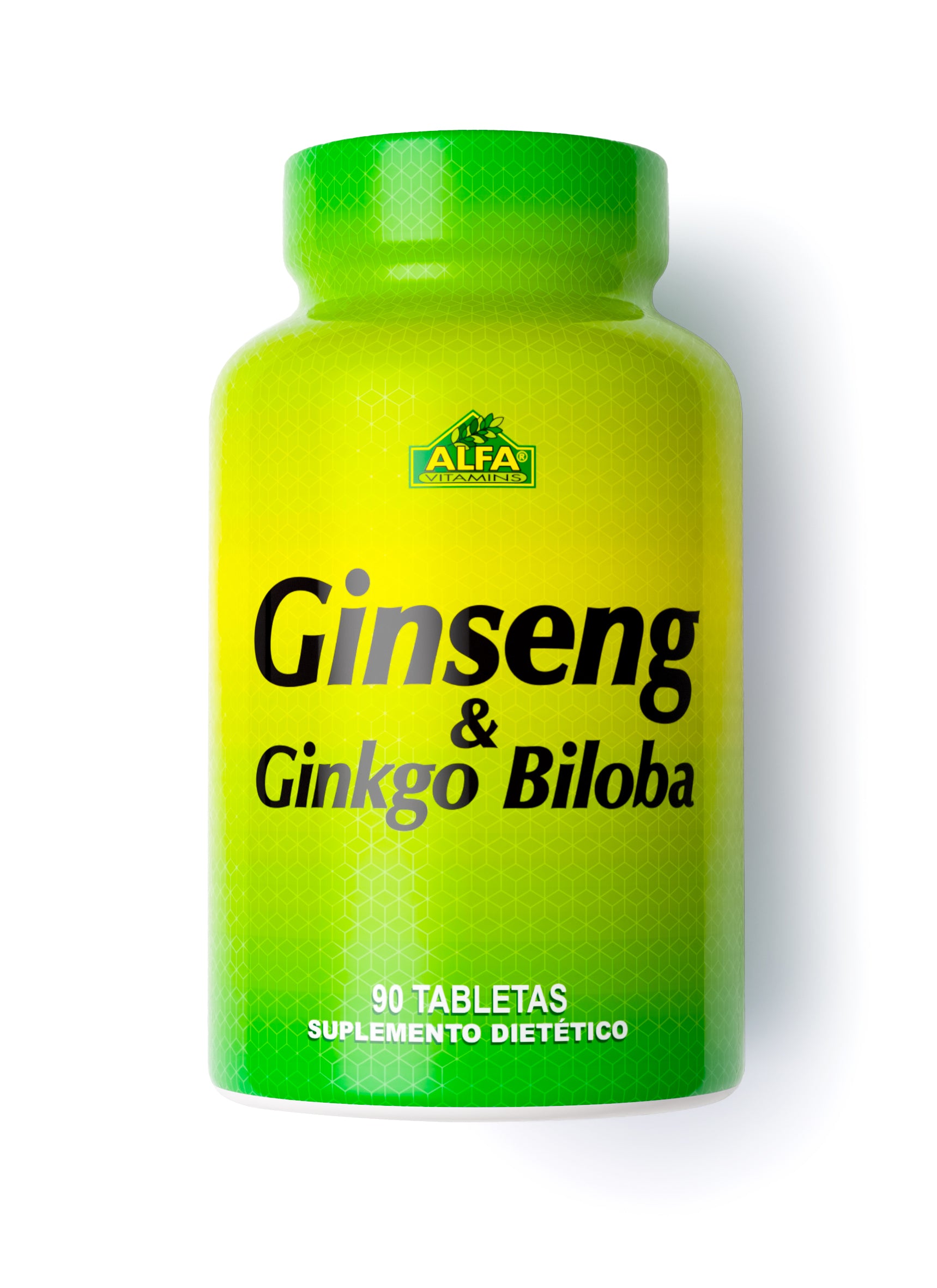 A green and yellow bottle of Alfa Vitamins Ginseng Ginkgo Biloba dietary supplement contains 90 tablets. It features Korean Ginseng known for its antioxidant properties.