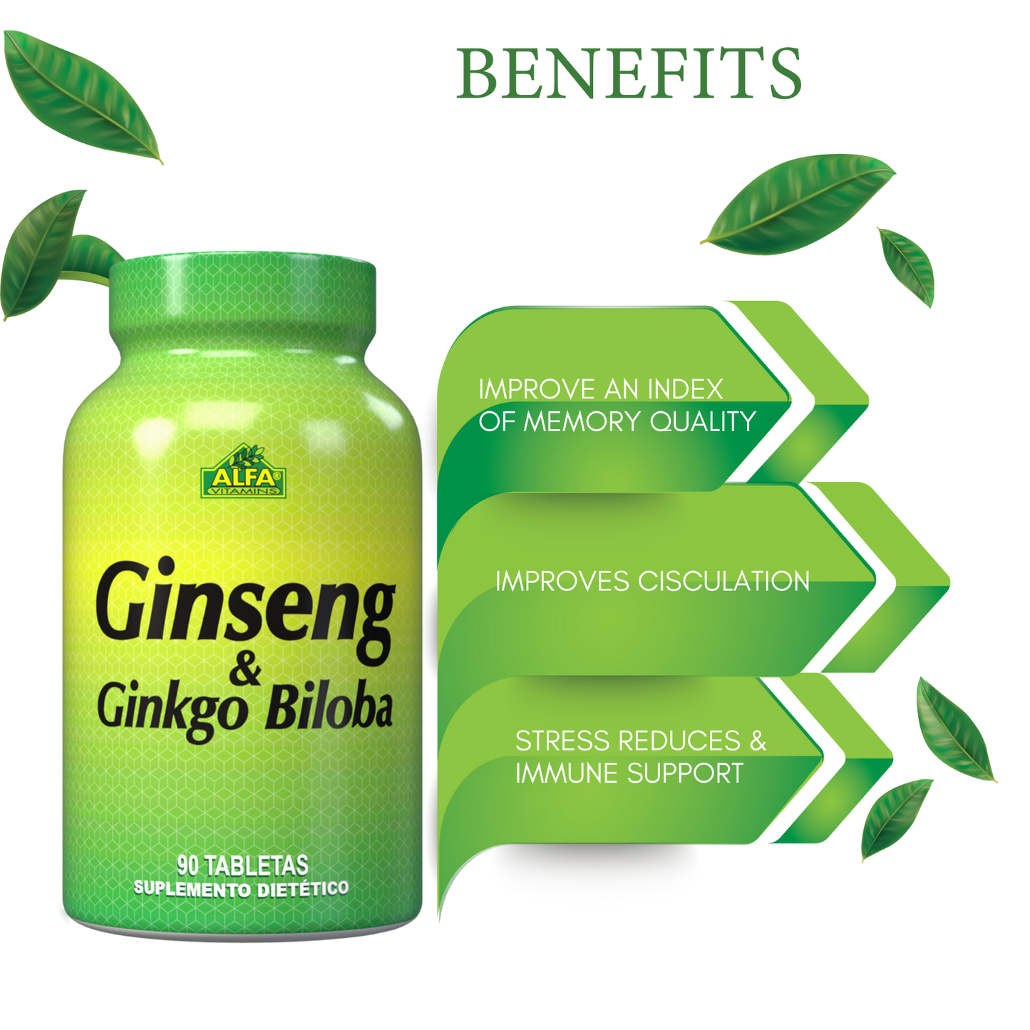 A green bottle of Alfa Vitamins’ Ginseng Ginkgo Biloba - 90 tablets is shown, highlighting benefits: improved memory, better circulation, stress reduction, and immune support. Infused with Korean Ginseng antioxidants, it is surrounded by decorative leaves.