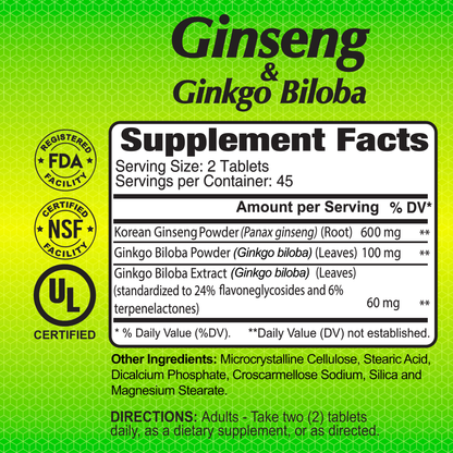 Label for Alfa Vitamins Ginseng Ginkgo Biloba (90 tablets), featuring serving details, ingredients, and highlighting the antioxidant benefits of Korean Ginseng and Ginkgo Biloba. Displays FDA, NSF, UL logos. Recommended dosage: 2 tablets daily.