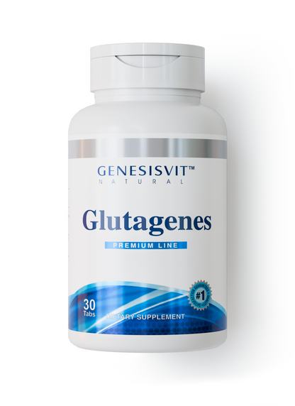 A white bottle labeled Alfa Vitamins Glutagenes Premix - 30 Tabs, a cellular health supplement, features blue accents and a #1 badge on the bottom right of the label.