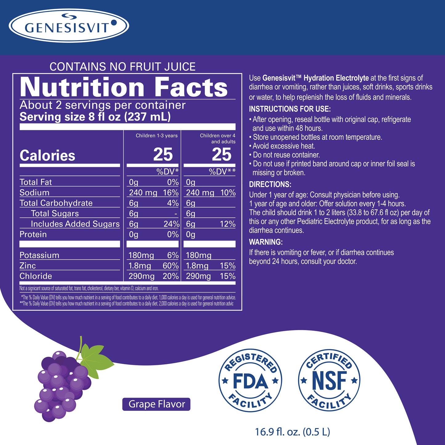 The grape Genesisvit® Electrolyte Solution from Alfa Vitamins Store, shown with a purple label and grape image, offers nutrition facts of 25 calories per 8 fl oz and contains sodium, potassium, calcium, zinc. Instructions, ingredients, and certifications are displayed for effective rehydration.