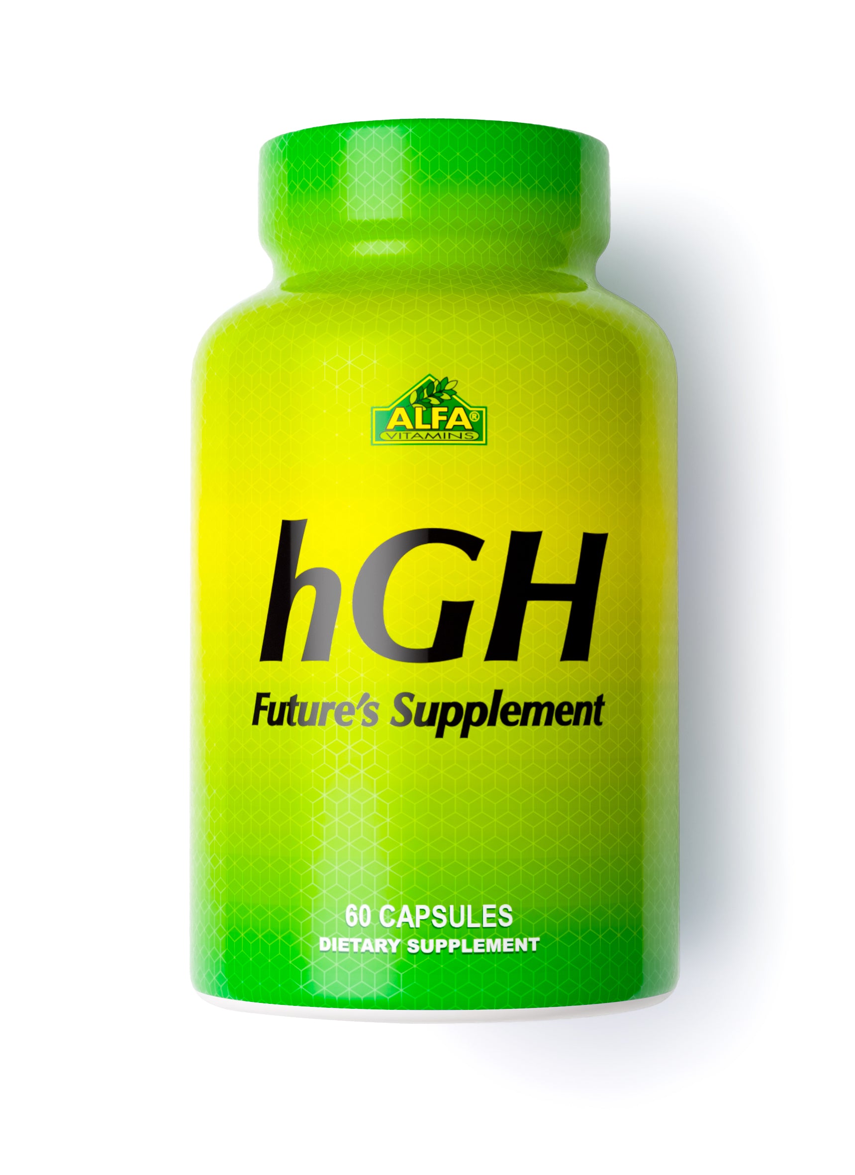 The green and yellow HGH bottle by Alfa Vitamins contains 60 capsules aimed at muscle recovery, featuring a honeycomb pattern. This dietary supplement is potentially enriched with amino acids to boost your fitness journey.