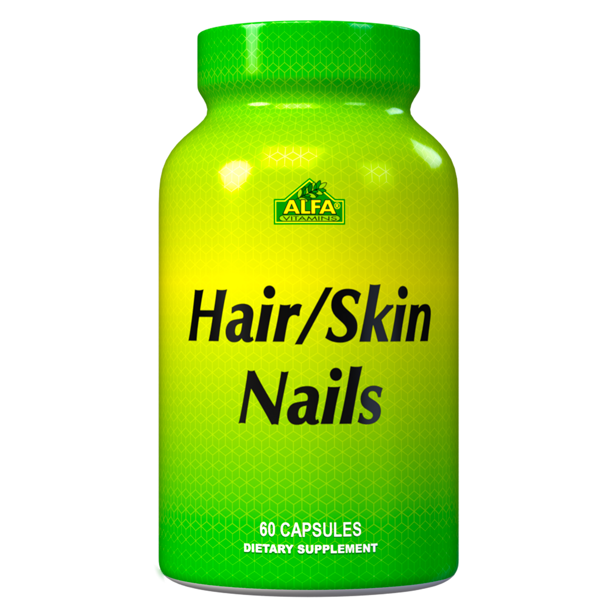 The Alfa Vitamins Hair Skin Nails contains 60 capsules, offering essential vitamins and antioxidants for health benefits. The bottle features a green and yellow label.