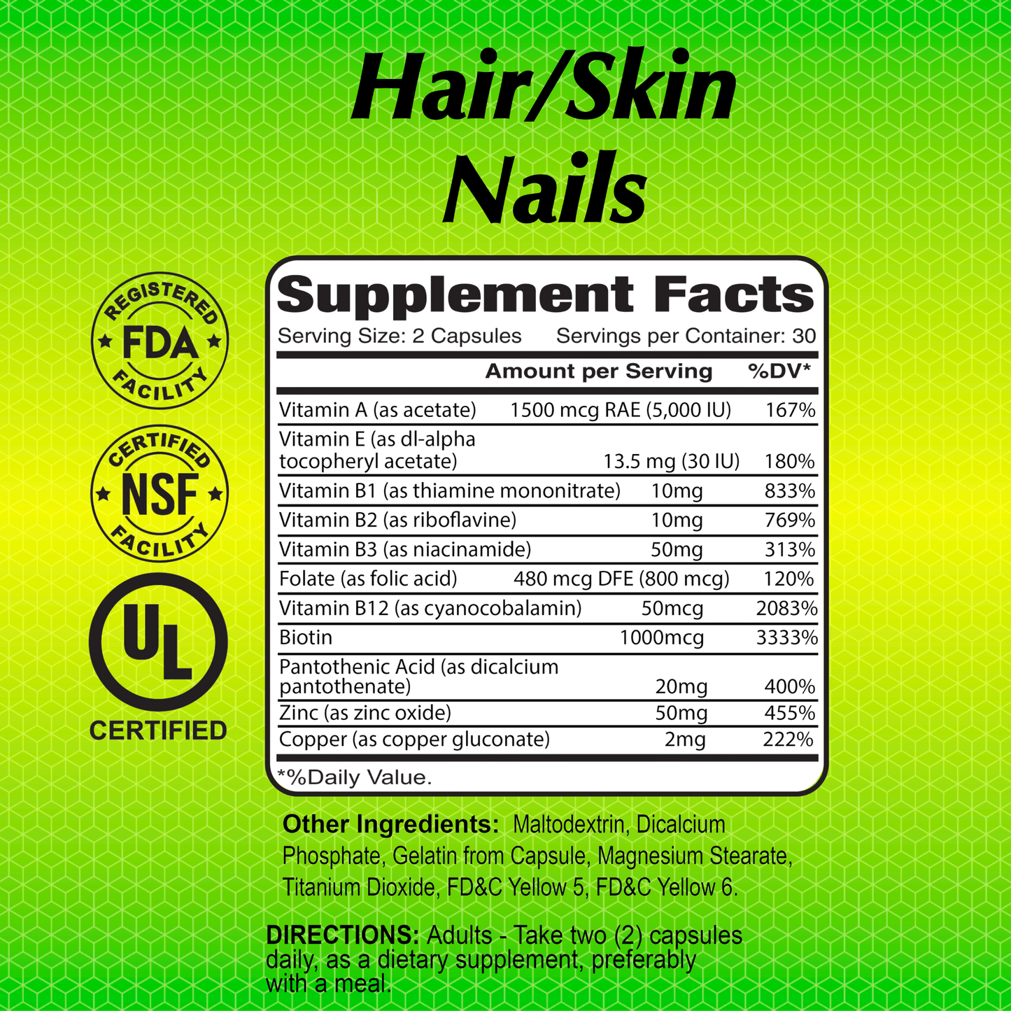 The yellow packaging of Alfa Vitamins Hair Skin Nails - 60 capsules highlights its use for hair, skin, and nails. It lists supplement facts, serving size, ingredients, plus FDA, NSF, and UL logos. Enriched with antioxidants and vitamins; directions advise taking two capsules daily.