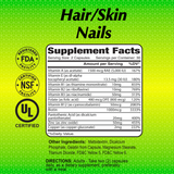Hair / Skin / Nails Supplement Facts label showing two-capsule serving, 30 servings, listed vitamins and minerals, ingredients, and directions.