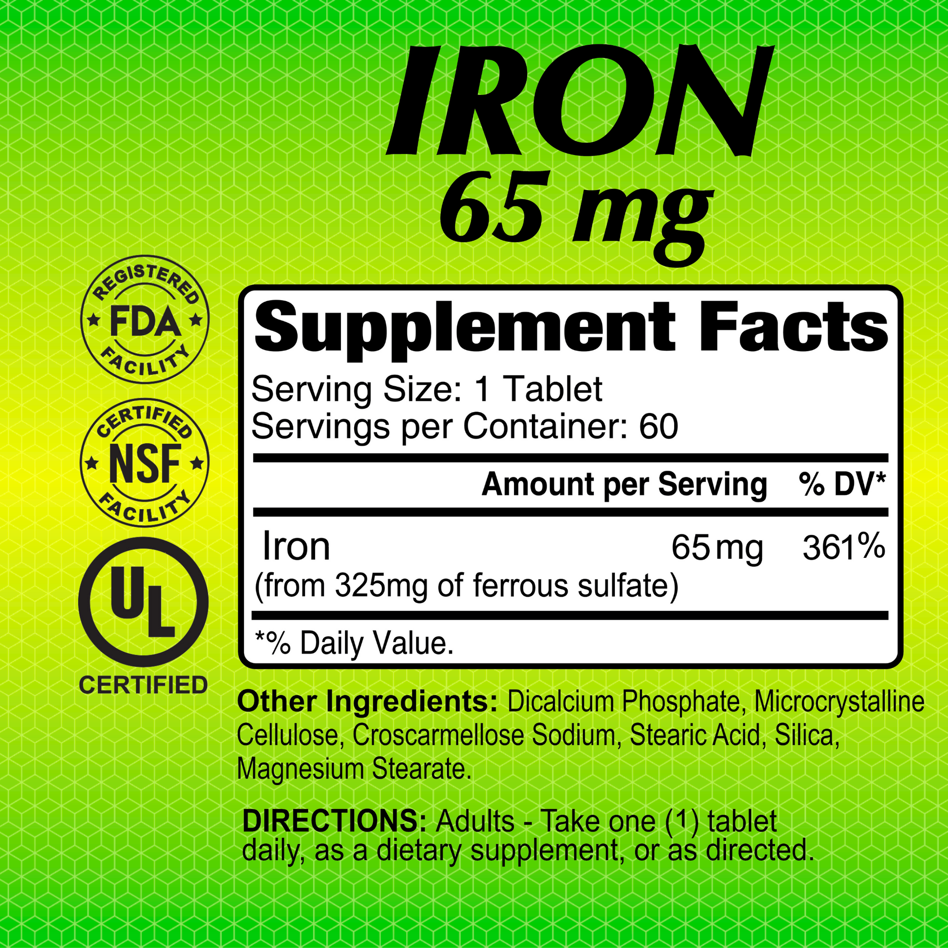 The Alfa Vitamins Iron 136 mg supplement label supports oxygen transport and addresses iron deficiency. It shows FDA, NSF, and UL logos, lists ingredients, serving size, directions for use, and suggests taking one of the 60 tablets daily.