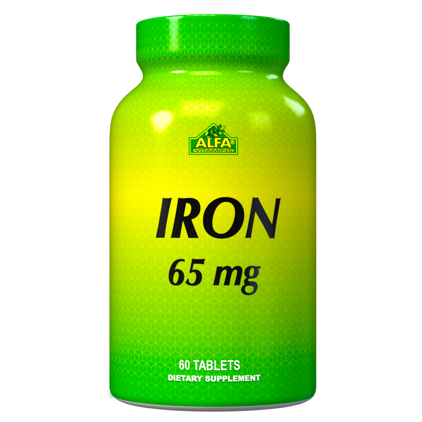 A green bottle with a yellow gradient label features IRON 136 mg prominently in black, perfect for iron deficiency. The top of the label says ALFA VITAMINS and the supplement contains 60 tablets for promoting optimal oxygen transport.