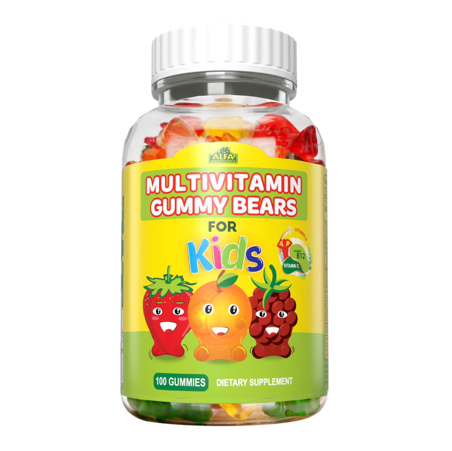 Alfa Vitamins MultiVitamins Super Gummy Bears for kids, with a yellow label and cartoon fruits, offer essential vitamins and minerals. The dietary supplement contains 60 colorful bear-shaped gummies. Perfect for growing little ones!.