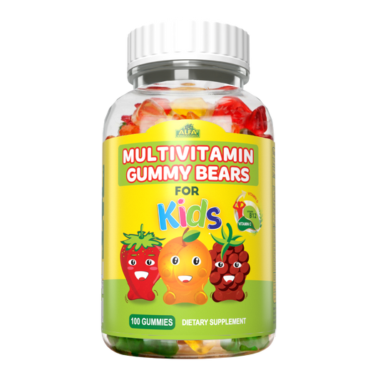 Alfa Vitamins MultiVitamins Super Gummy Bears for kids, with a yellow label and cartoon fruits, offer essential vitamins and minerals. The dietary supplement contains 60 colorful bear-shaped gummies. Perfect for growing little ones!.