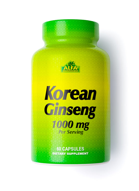 The green and yellow bottle from Alfa Vitamins contains Korean Ginseng, 1000 mg per serving, with 60 capsules to boost energy and support your immune system.