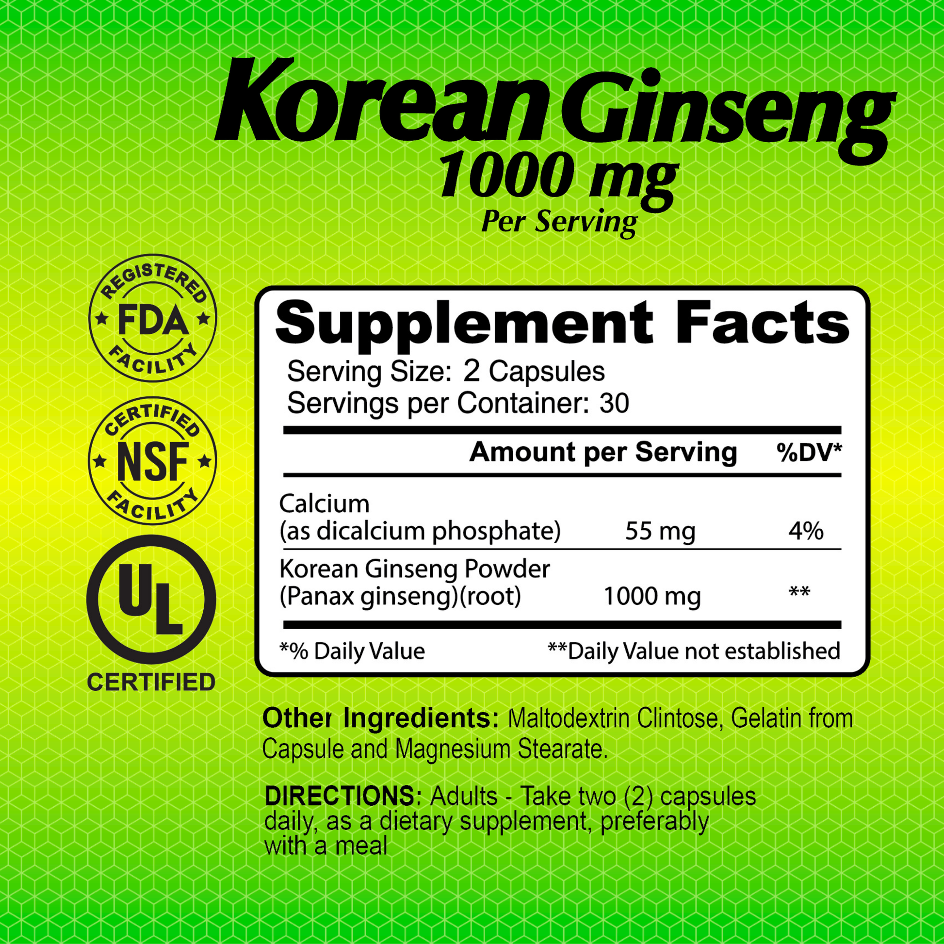 Alfa Vitamins Korean Ginseng 1000 mg supplement includes 60 capsules with calcium for cognitive support. Certified by FDA, NSF, and UL, each serving of 2 capsules offers 30 servings per container. Suggested use: take two capsules daily to enhance energy levels.