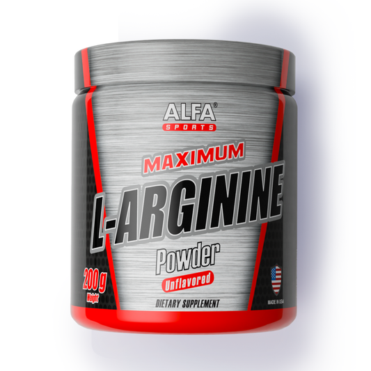 A 200g jar of Alfa Vitamins L-Arginine Powder (Unflavored), an amino acid dietary supplement with metallic gray, red, and black packaging and a small American flag showing it's made in the USA.