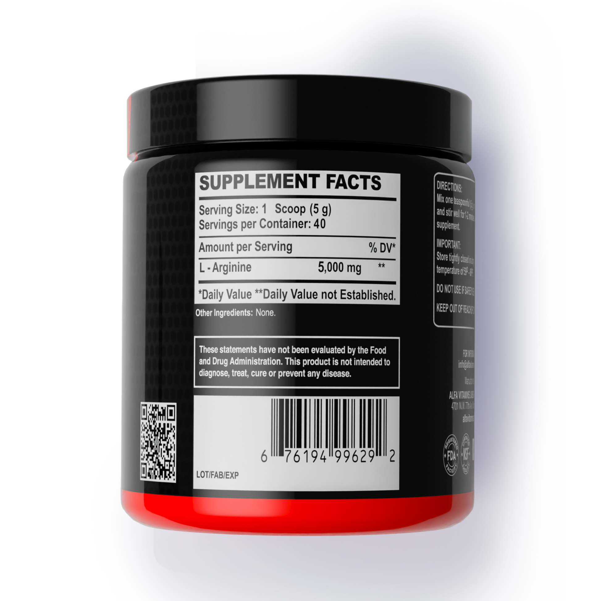 A black and red Alfa Vitamins L-Arginine Powder – Unflavored 200g jar features Supplement Facts with 5g servings (40 per container), a QR code, barcode, and ingredient disclaimer; supports nitric oxide production.