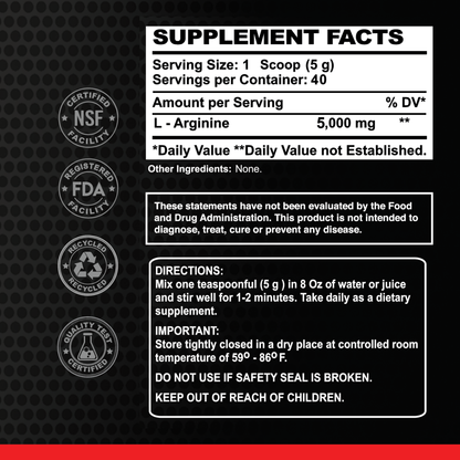 Supplement facts label for Alfa Vitamins L-Arginine Powder – Unflavored 200g Jar. Each 5g scoop delivers 5,000mg L-Arginine for nitric oxide support. Includes directions, warnings, and certifications on a black and red label. 40 servings per jar.