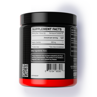 A black and red Alfa Vitamins container with a white label shows supplement facts for Maximum Acetyl L-Carnitine Powder formula 200g (unflavored), 3000mg per serving, with barcode and disclaimers highlighting energy support and muscle performance.