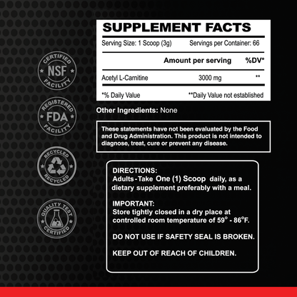 A screenshot of a black and white screen highlights details about muscle performance and energy support from Alfa Vitamins Maximum Acetyl L-Carnitine Powder formula 200g – Unflavored.