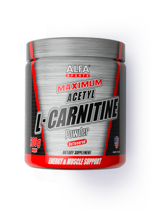 A 200g container of Alfa Vitamins Maximum L-Carnitine powder formula, unflavored, supports energy and muscles. The label has a red, black, and silver design with a small USA flag and states its a dietary supplement.
