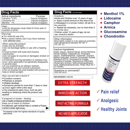 An informative image of ALFLEXIL Pain Relief Roll-On (3.18 oz.) showcases its drug facts, spotlighting menthol, lidocaine, and camphor as active ingredients. This extra strength, fast-acting formula by Alfa Vitamins features a no-mess roll-on applicator for analgesic effects and healthy joints.