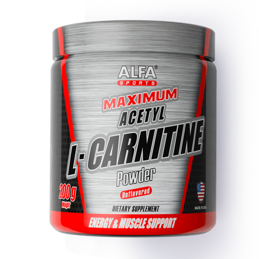 A gray and black container of Alfa Vitamins Maximum Acetyl L-Carnitine Powder formula, 200g unflavored, labeled as a dietary supplement for energy support and muscle performance, features red and white accents plus an American flag graphic.
