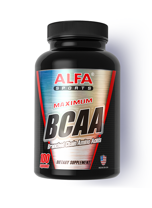 A sleek black bottle labeled Alfa Vitamins Maximum BCAA - Muscle Mass Builder, featuring an American flag design, contains 100 capsules. This supplement is rich in L-Leucine and essential BCAAs crucial for muscle recovery and performance.