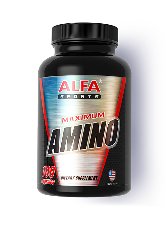 A black container labeled Maximum Amino - 100 capsules from Alfa Vitamins features a red, silver, and blue design with text Dietary Supplement and Made in USA. It includes an American flag highlighting its soy-based amino acid supplements for optimal protein synthesis.