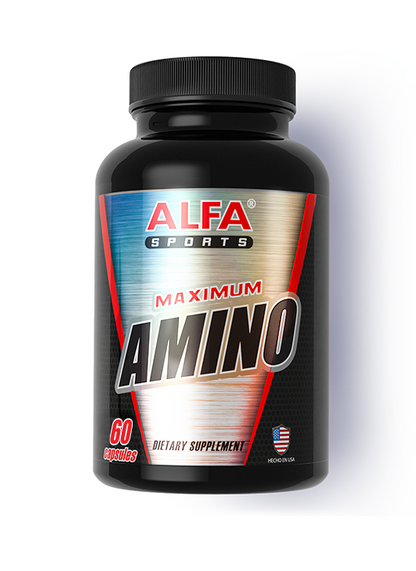 A black bottle of Alfa Vitamins Maximum Amino, featuring a metallic design and American flag, offers 60 capsules with essential amino acids. Made in the USA for effective amino acid supplementation.