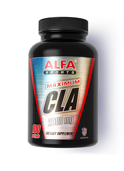 Black bottle of Alfa Vitamins Maximum CLA 2000 mg, with conjugated linoleic acid from safflower oil. The label displays an American flag and Made in USA, highlighting quality for weight management. Contains 100 softgels.