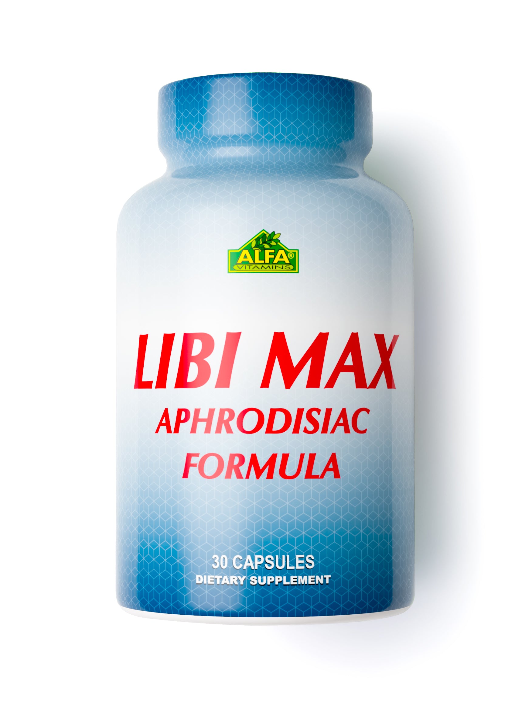 A blue and white bottle labeled Libi Max Aphrodisiac - 30 Capsules by Alfa Vitamins, designed to enhance libido, energy, and stamina.