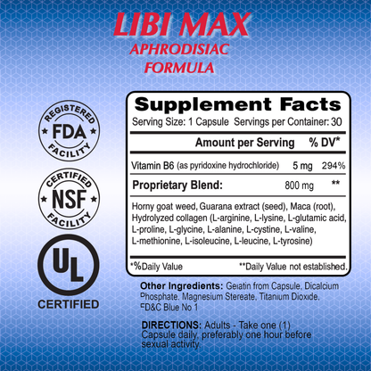 The image shows a Libi Max Aphrodisiac label from Alfa Vitamins, highlighting it as a sexual health stimulant. It includes logos for FDA, NSF, and UL certifications and details on vitamin B6 plus a libido-boosting blend. The directions suggest taking one capsule daily for improved energy and stamina.