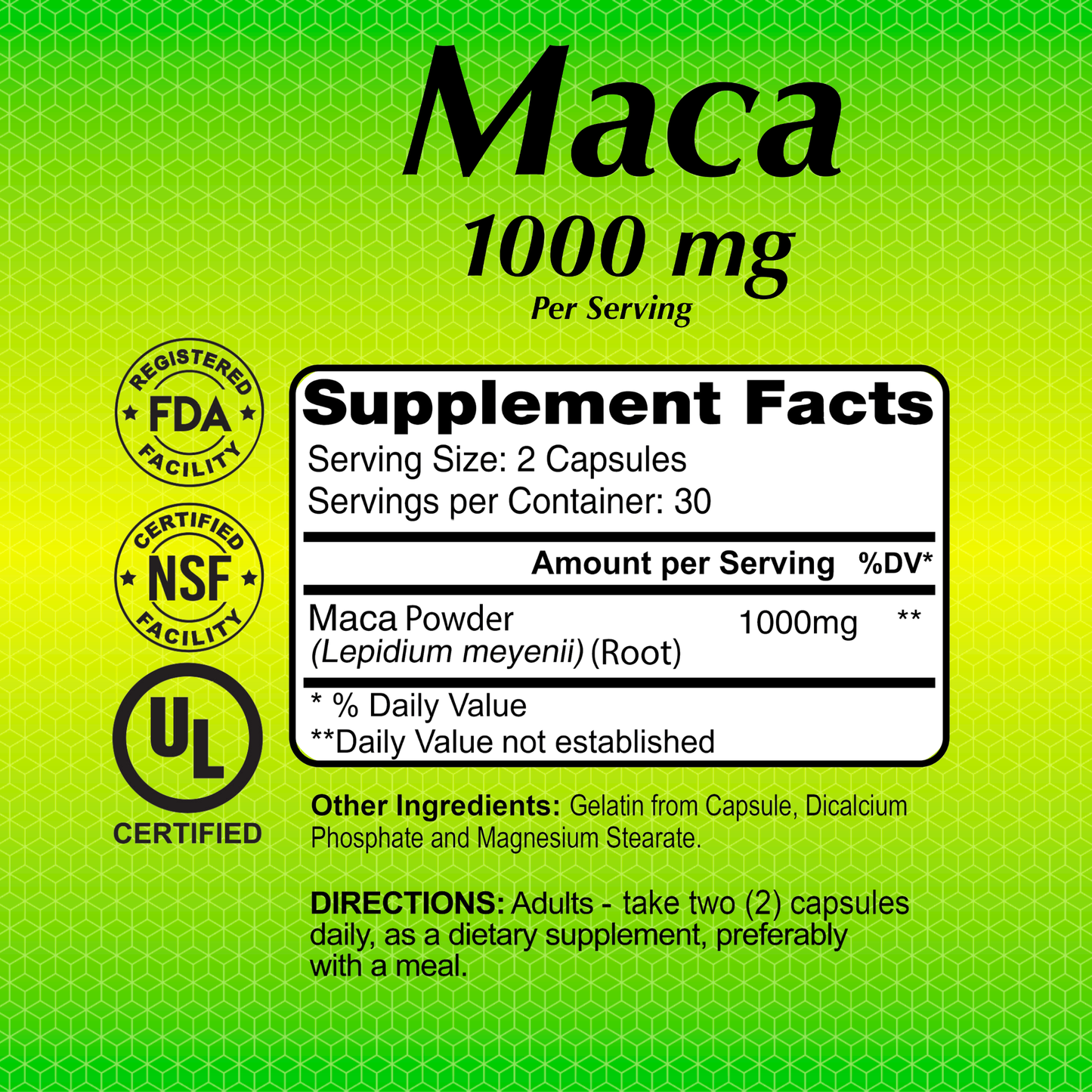 The Maca 1000 mg by Alfa Vitamins features a green label and offers energy-boosting benefits with each serving providing 1000 mg of Maca powder. It holds FDA, NSF, and UL certifications, with gelatin and magnesium stearate as additional ingredients.