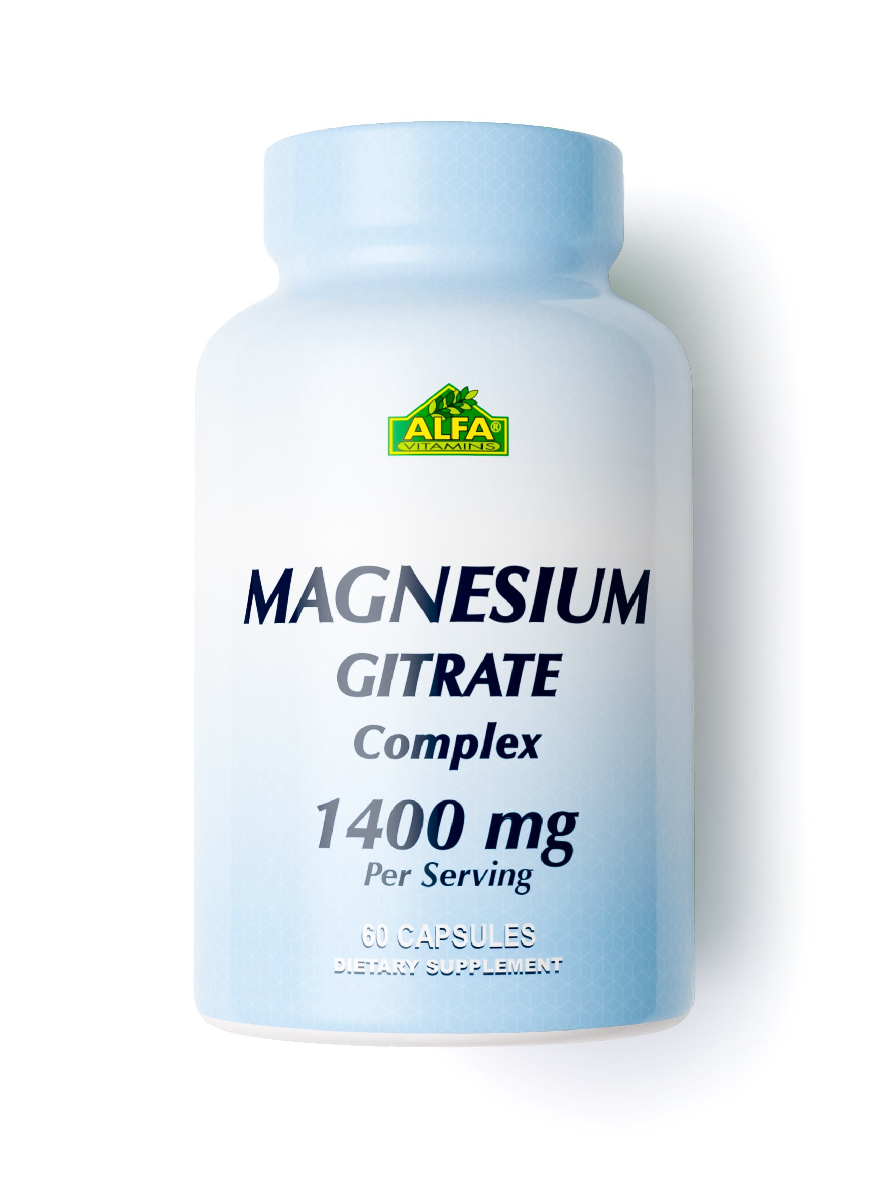 Label of Alfa Vitamins Magnesium Citrate Complex, a white and blue bottle with 1400 mg per serving, 60 capsules. Enhanced with L-Taurine for cardiovascular health support.