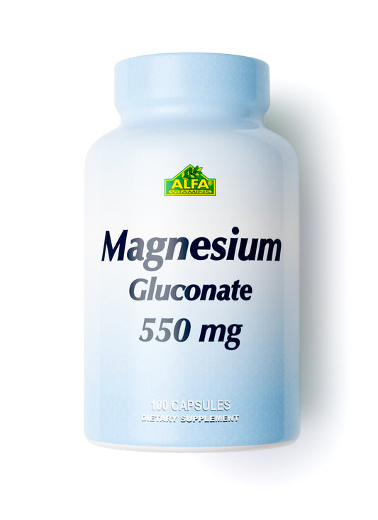 A light blue bottle from Alfa Vitamins, labeled Magnesium Gluconate 550mg - 100 tabs, supports muscle and nerve function. The green and yellow Alfa logo is prominently displayed at the top.