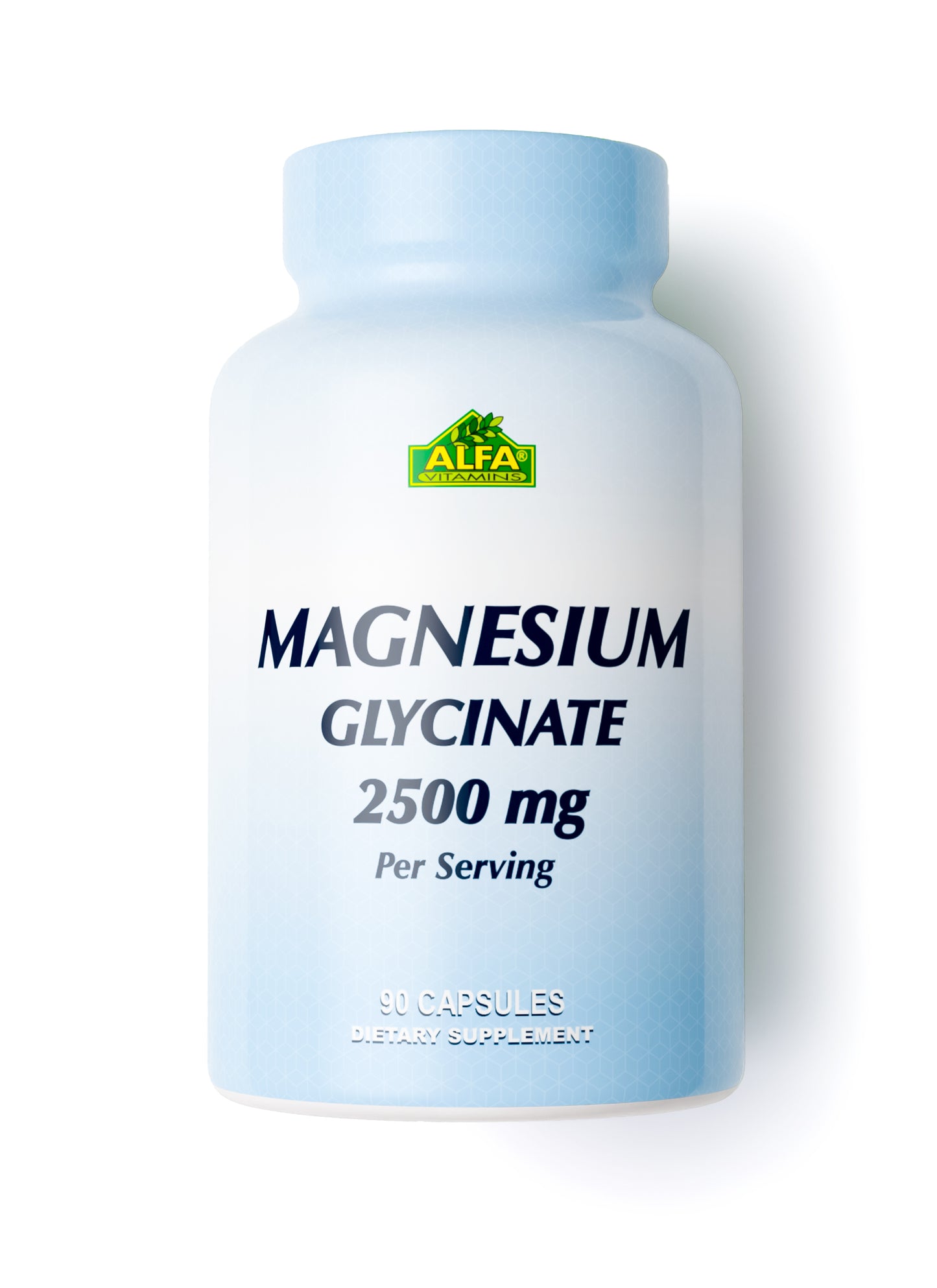 A light blue bottle of Alfa Vitamins Magnesium Glycinate 2500 mg - 90 Capsules is perfect for dietary supplementation, supporting bone health, and enhancing muscle and nerve function.