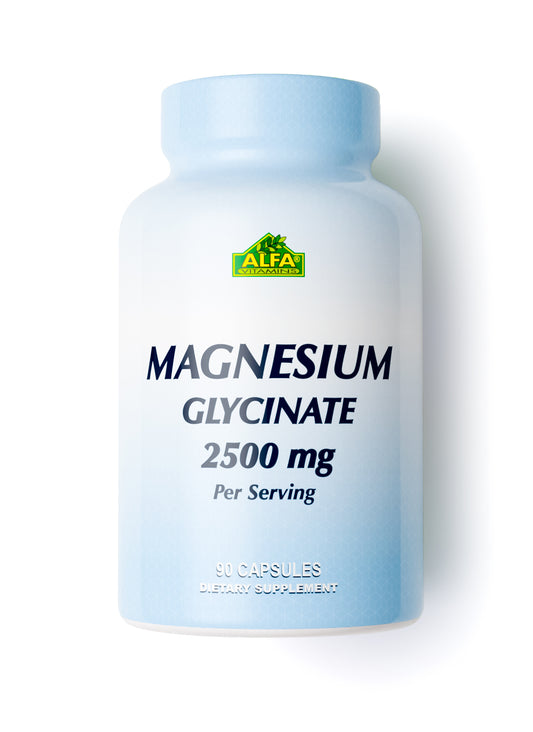 A light blue bottle of Alfa Vitamins Magnesium Glycinate 2500 mg - 90 Capsules is perfect for dietary supplementation, supporting bone health, and enhancing muscle and nerve function.