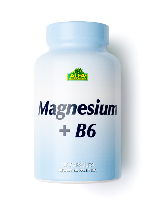 The Alfa Vitamins brands white bottle with a blue gradient design features the Magnesium Plus B-6 500 mg label. It contains 100 tablets and supports cognitive function, with the brand name on a green logo prominently displayed at the top.