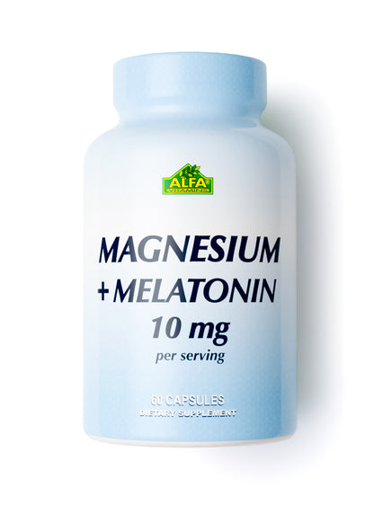 A light blue bottle labeled Magnesium Plus Melatonin 10 mg - 60 Capsules by Alfa Vitamins, designed to enhance sleep quality.