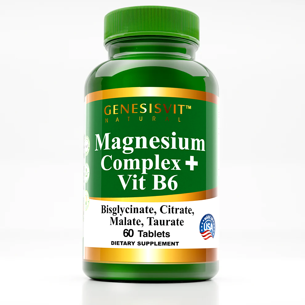 A green bottle of Genesisvit - Magnesium Complex + Vitamin C from Alfa Vitamins Store contains 60 tablets of Bisglycinate, Citrate, Malate, and Taurate. This dietary supplement boosts the immune system and features a USA flag logo on its label indicating its origin.